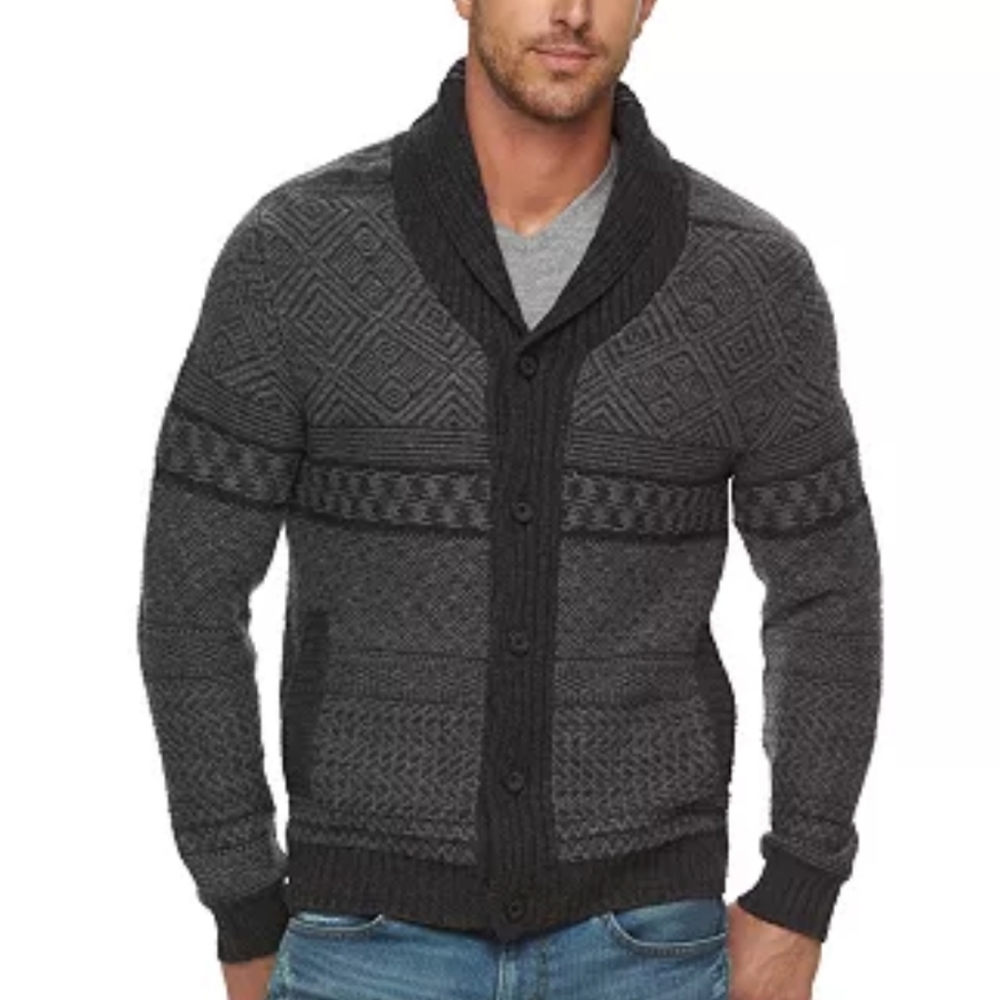 Men's Shawl Collar Dark Gray Button-Up Knit Sweater